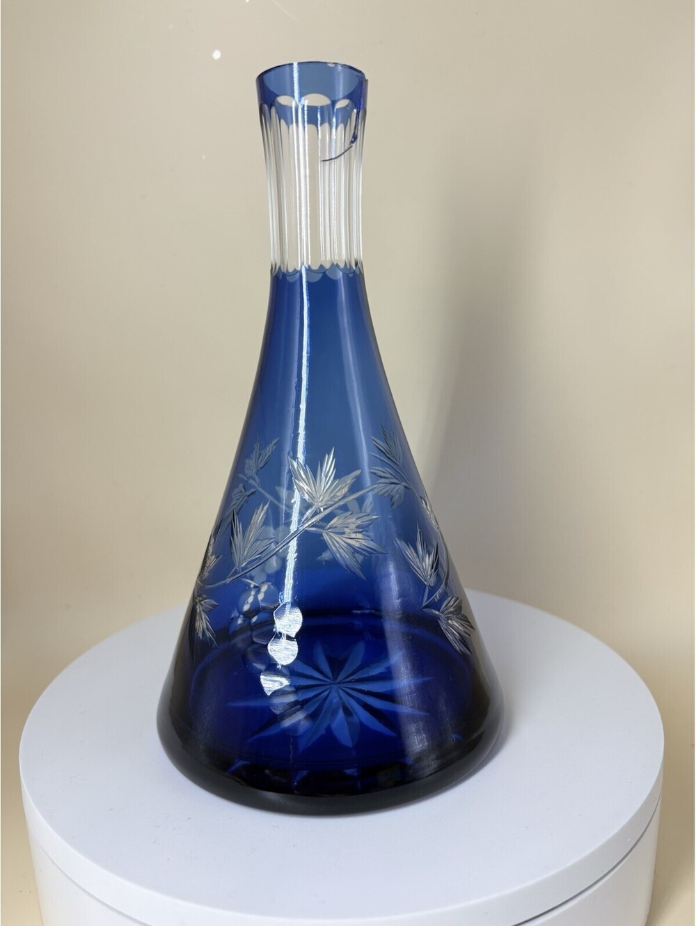 As-Is Vintage Bohemian Cobalt Blue Cut to Clear Crystal Decanter Vase - PARTS